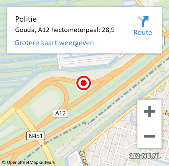 Locatie op kaart van de 112 melding: Politie Gouda, A12 hectometerpaal: 28,9 op 6 december 2022 23:08