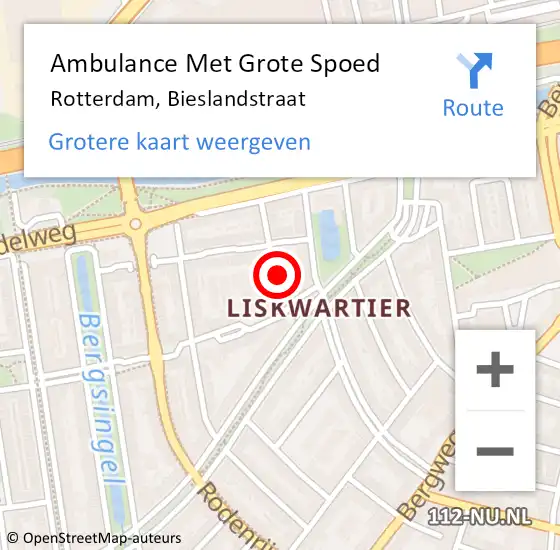 Locatie op kaart van de 112 melding: Ambulance Met Grote Spoed Naar Rotterdam, Bieslandstraat op 7 december 2022 02:33
