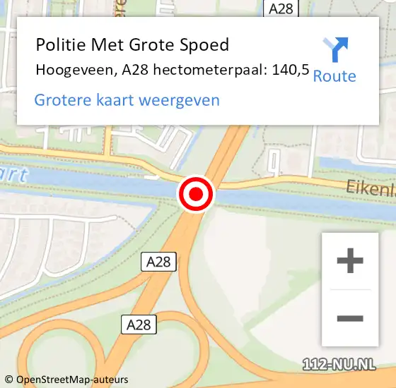 Locatie op kaart van de 112 melding: Politie Met Grote Spoed Naar Hoogeveen, A28 hectometerpaal: 140,5 op 7 december 2022 05:18