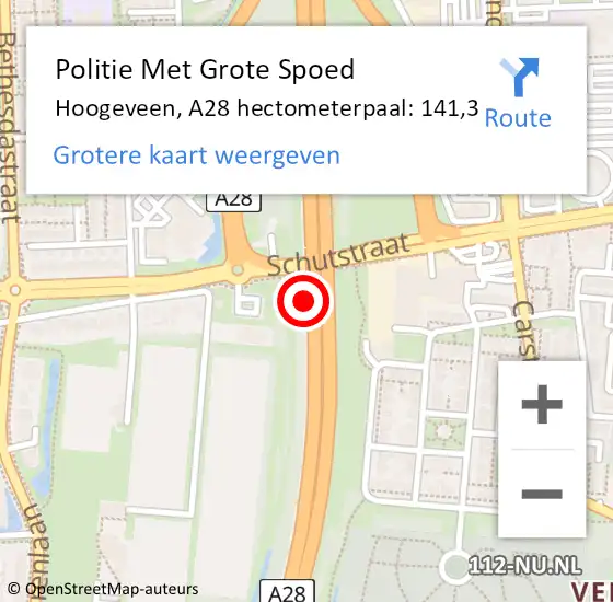 Locatie op kaart van de 112 melding: Politie Met Grote Spoed Naar Hoogeveen, A28 hectometerpaal: 141,3 op 7 december 2022 05:21