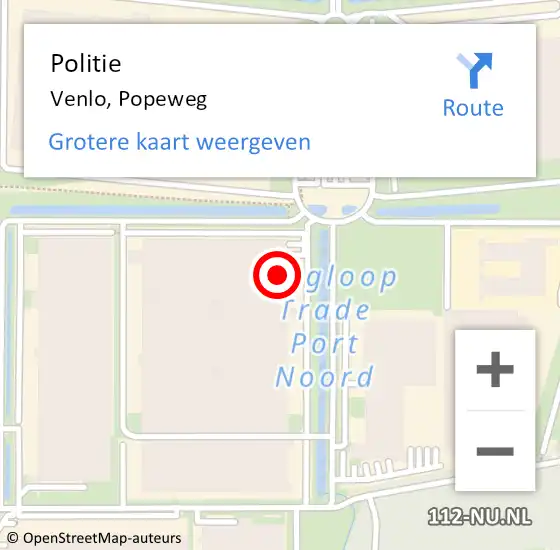 Locatie op kaart van de 112 melding: Politie Venlo, Popeweg op 7 december 2022 05:51