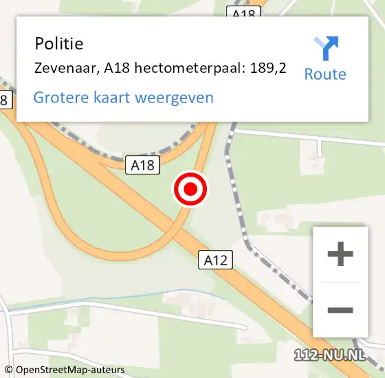 Locatie op kaart van de 112 melding: Politie Zevenaar, A18 hectometerpaal: 189,2 op 7 december 2022 08:16