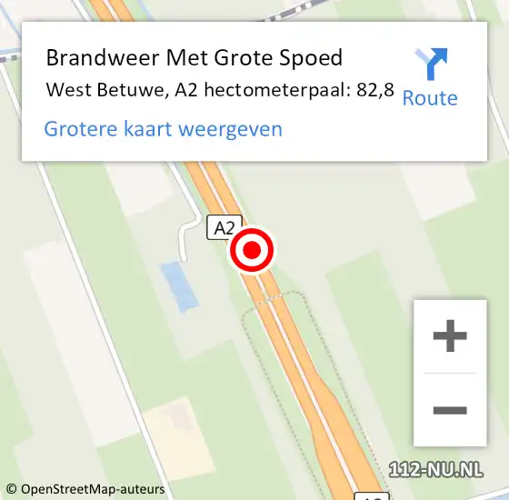 Locatie op kaart van de 112 melding: Brandweer Met Grote Spoed Naar West Betuwe, A2 hectometerpaal: 82,8 op 7 december 2022 09:39