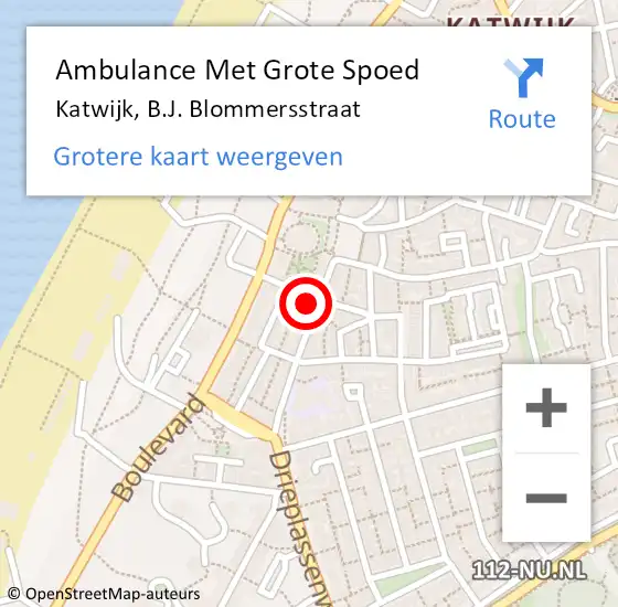 Locatie op kaart van de 112 melding: Ambulance Met Grote Spoed Naar Katwijk, B.J. Blommersstraat op 7 december 2022 10:37