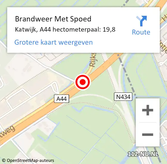 Locatie op kaart van de 112 melding: Brandweer Met Spoed Naar Katwijk, A44 hectometerpaal: 19,8 op 7 december 2022 11:41