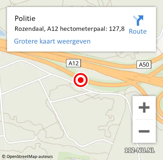 Locatie op kaart van de 112 melding: Politie Rozendaal, A12 hectometerpaal: 127,8 op 7 december 2022 13:31