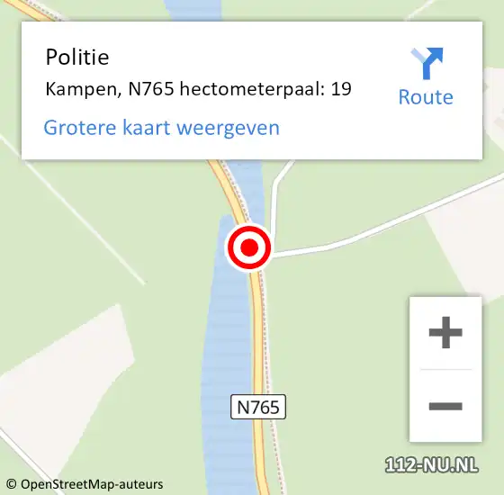 Locatie op kaart van de 112 melding: Politie Kampen, N765 hectometerpaal: 19 op 7 december 2022 13:48