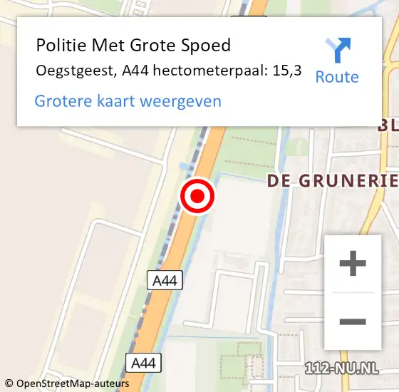 Locatie op kaart van de 112 melding: Politie Met Grote Spoed Naar Oegstgeest, A44 hectometerpaal: 15,3 op 7 december 2022 15:06