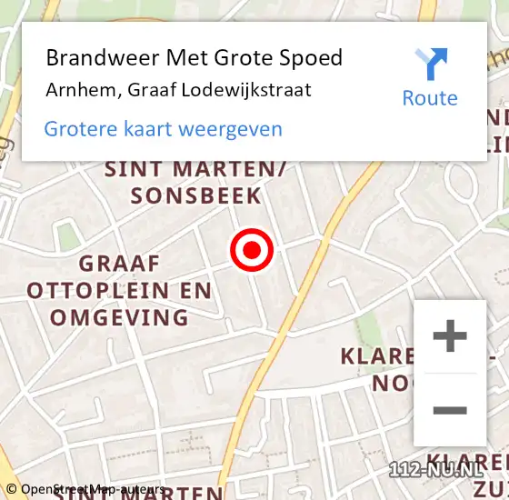 Locatie op kaart van de 112 melding: Brandweer Met Grote Spoed Naar Arnhem, Graaf Lodewijkstraat op 7 december 2022 15:08