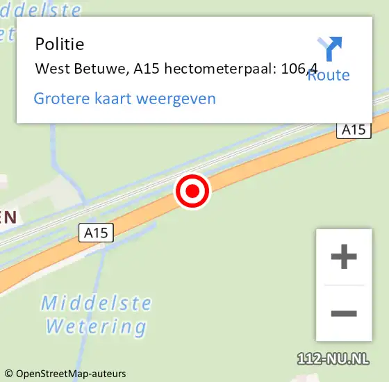Locatie op kaart van de 112 melding: Politie West Betuwe, A15 hectometerpaal: 106,4 op 7 december 2022 15:37