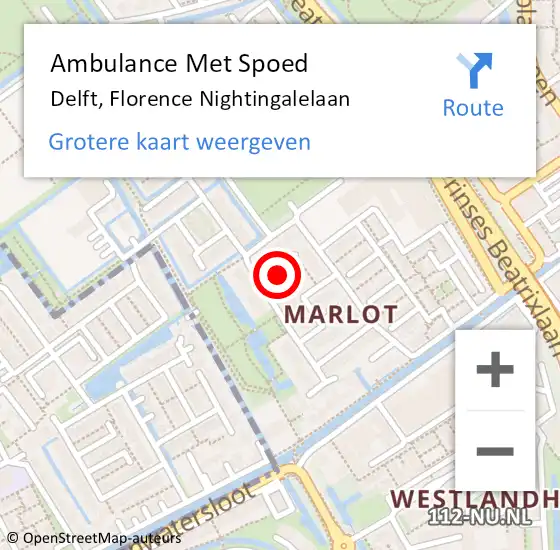 Locatie op kaart van de 112 melding: Ambulance Met Spoed Naar Delft, Florence Nightingalelaan op 7 december 2022 17:15