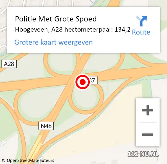 Locatie op kaart van de 112 melding: Politie Met Grote Spoed Naar Hoogeveen, A28 hectometerpaal: 134,2 op 7 december 2022 17:34