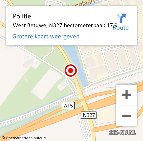 Locatie op kaart van de 112 melding: Politie West Betuwe, N327 hectometerpaal: 17,9 op 7 december 2022 20:05