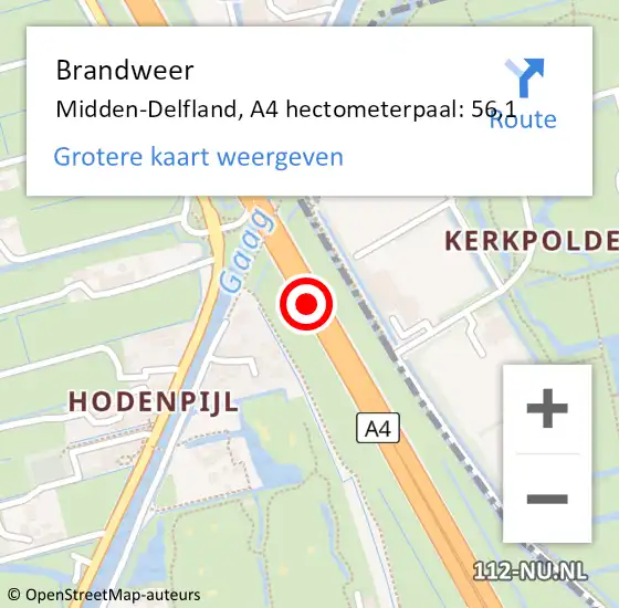 Locatie op kaart van de 112 melding: Brandweer Midden-Delfland, A4 hectometerpaal: 56,1 op 7 december 2022 21:10