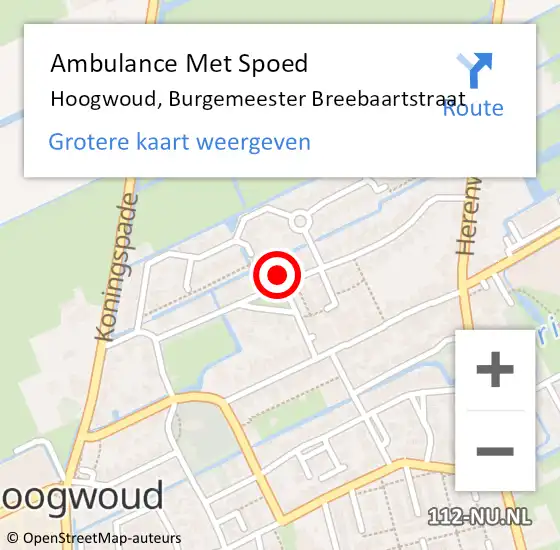 Locatie op kaart van de 112 melding: Ambulance Met Spoed Naar Hoogwoud, Burgemeester Breebaartstraat op 7 december 2022 22:18