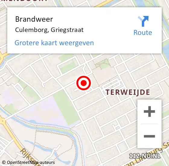 Locatie op kaart van de 112 melding: Brandweer Culemborg, Griegstraat op 8 december 2022 00:15