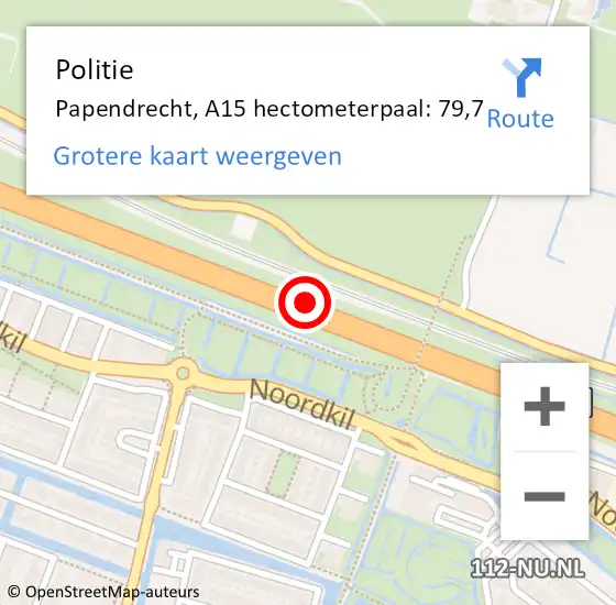 Locatie op kaart van de 112 melding: Politie Papendrecht, A15 hectometerpaal: 79,7 op 8 december 2022 00:57