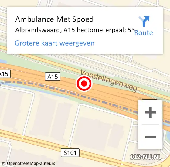 Locatie op kaart van de 112 melding: Ambulance Met Spoed Naar Albrandswaard, A15 hectometerpaal: 53 op 8 december 2022 08:59