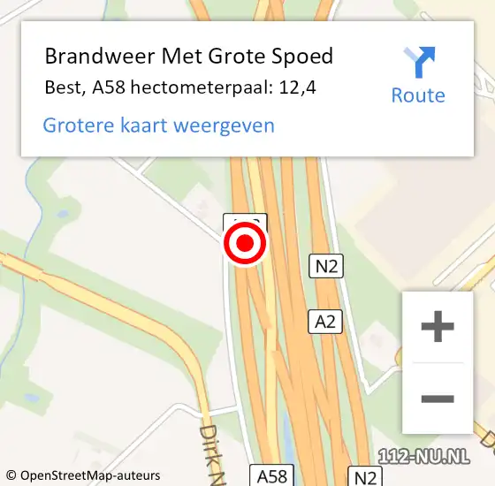 Locatie op kaart van de 112 melding: Brandweer Met Grote Spoed Naar Best, A58 hectometerpaal: 12,4 op 8 december 2022 09:17