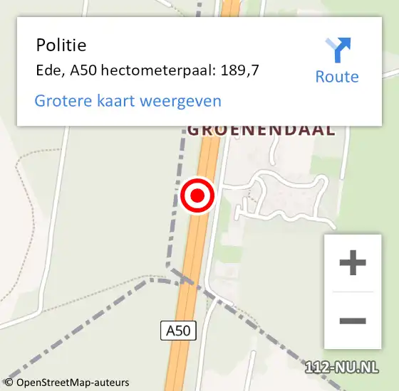 Locatie op kaart van de 112 melding: Politie Ede, A50 hectometerpaal: 189,7 op 8 december 2022 10:09