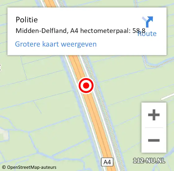 Locatie op kaart van de 112 melding: Politie Midden-Delfland, A4 hectometerpaal: 58,8 op 8 december 2022 10:11