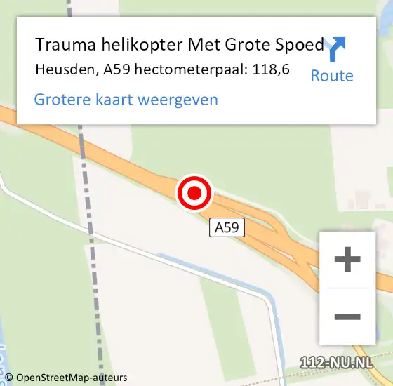 Locatie op kaart van de 112 melding: Trauma helikopter Met Grote Spoed Naar Heusden, A59 hectometerpaal: 118,6 op 8 december 2022 10:21
