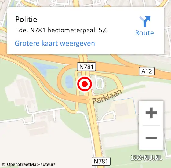Locatie op kaart van de 112 melding: Politie Ede, N781 hectometerpaal: 5,6 op 8 december 2022 10:23