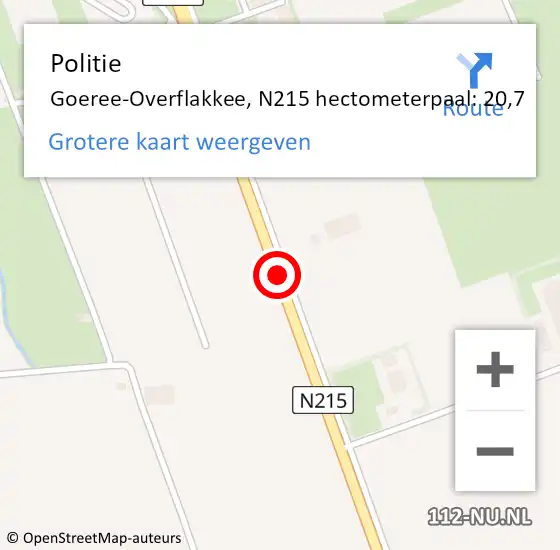 Locatie op kaart van de 112 melding: Politie Goeree-Overflakkee, N215 hectometerpaal: 20,7 op 8 december 2022 17:17