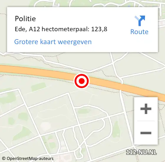 Locatie op kaart van de 112 melding: Politie Ede, A12 hectometerpaal: 123,8 op 8 december 2022 17:39