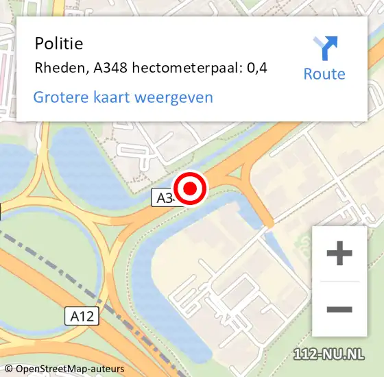 Locatie op kaart van de 112 melding: Politie Rheden, A348 hectometerpaal: 0,4 op 8 december 2022 17:48