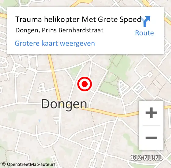 Locatie op kaart van de 112 melding: Trauma helikopter Met Grote Spoed Naar Dongen, Prins Bernhardstraat op 8 december 2022 19:28