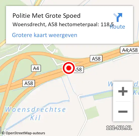 Locatie op kaart van de 112 melding: Politie Met Grote Spoed Naar Woensdrecht, A58 hectometerpaal: 118,5 op 8 december 2022 19:35