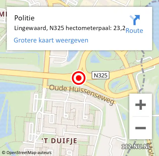 Locatie op kaart van de 112 melding: Politie Lingewaard, N325 hectometerpaal: 23,2 op 8 december 2022 22:13