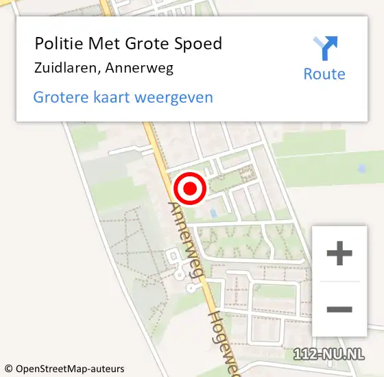 Locatie op kaart van de 112 melding: Politie Met Grote Spoed Naar Zuidlaren, Annerweg op 8 december 2022 22:57