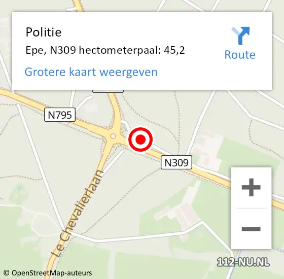 Locatie op kaart van de 112 melding: Politie Epe, N309 hectometerpaal: 45,2 op 9 december 2022 00:58