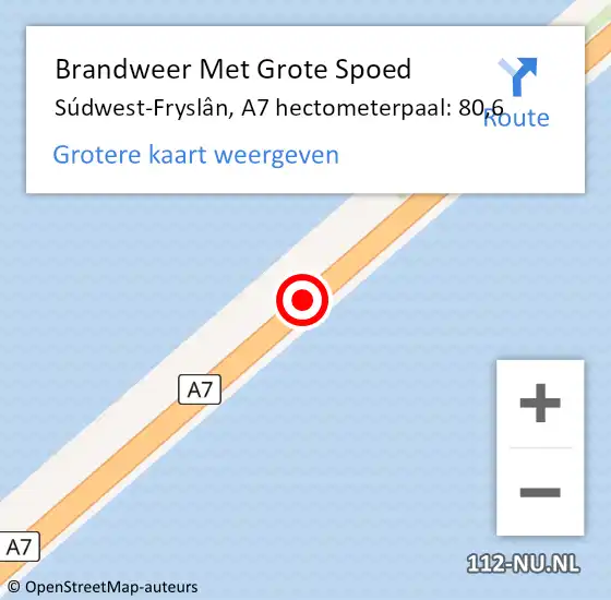 Locatie op kaart van de 112 melding: Brandweer Met Grote Spoed Naar Súdwest-Fryslân, A7 hectometerpaal: 80,6 op 9 december 2022 04:57