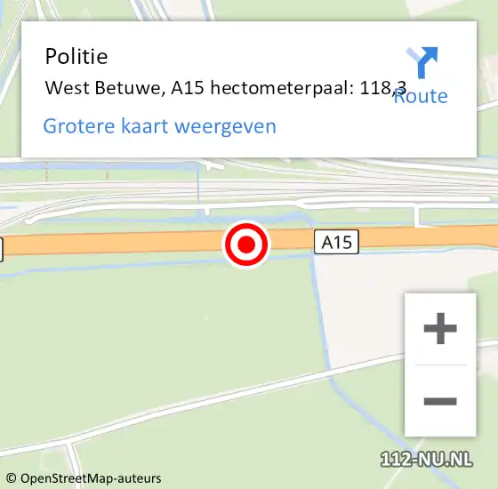 Locatie op kaart van de 112 melding: Politie West Betuwe, A15 hectometerpaal: 118,3 op 9 december 2022 07:55