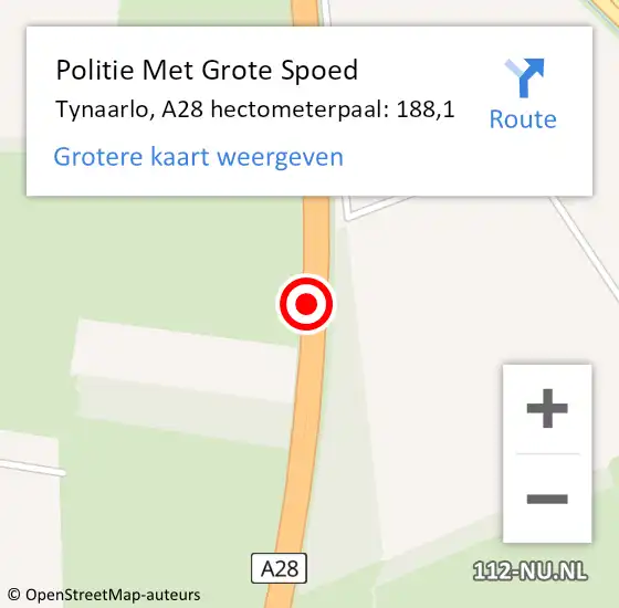 Locatie op kaart van de 112 melding: Politie Met Grote Spoed Naar Tynaarlo, A28 hectometerpaal: 188,1 op 9 december 2022 11:43