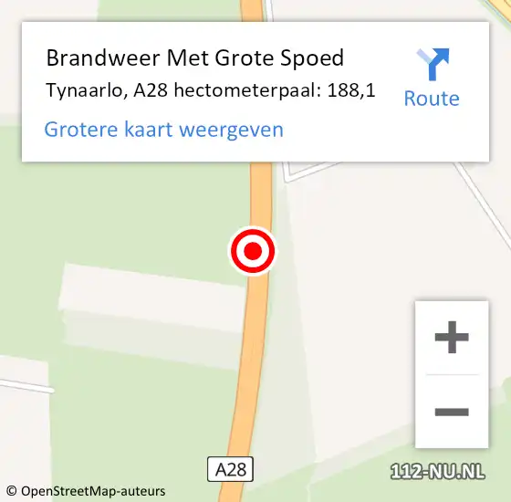 Locatie op kaart van de 112 melding: Brandweer Met Grote Spoed Naar Tynaarlo, A28 hectometerpaal: 188,1 op 9 december 2022 11:45