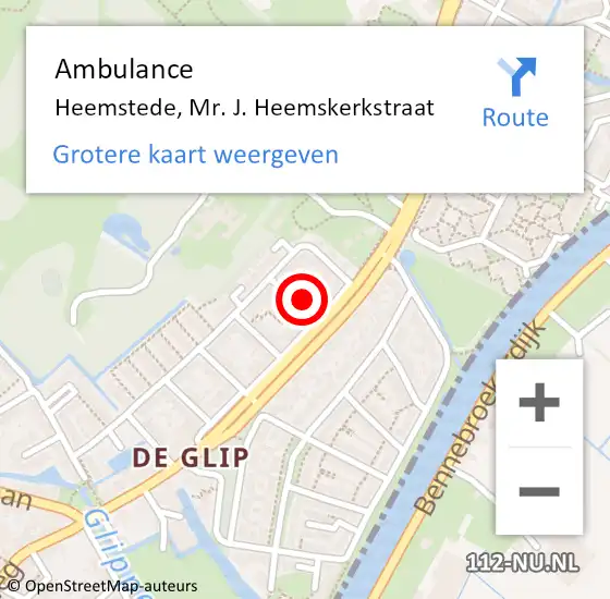 Locatie op kaart van de 112 melding: Ambulance Heemstede, Mr. J. Heemskerkstraat op 9 december 2022 14:50