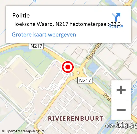 Locatie op kaart van de 112 melding: Politie Hoeksche Waard, N217 hectometerpaal: 22,3 op 9 december 2022 17:29