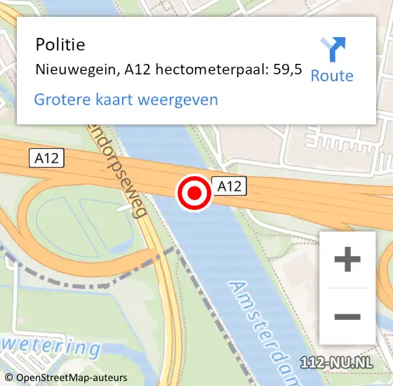 Locatie op kaart van de 112 melding: Politie Nieuwegein, A12 hectometerpaal: 59,5 op 9 december 2022 17:30