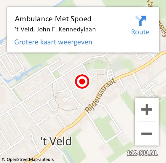 Locatie op kaart van de 112 melding: Ambulance Met Spoed Naar 't Veld, John F. Kennedylaan op 9 december 2022 17:59