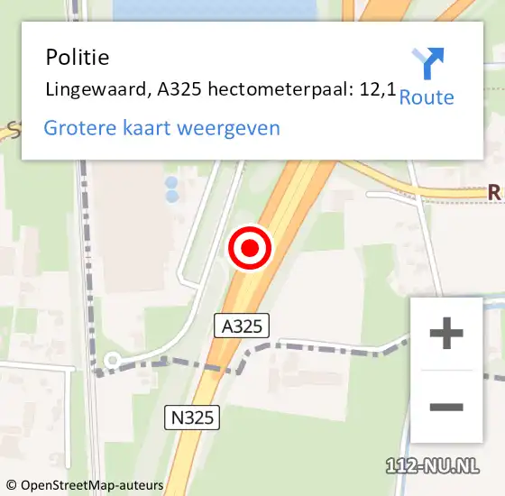 Locatie op kaart van de 112 melding: Politie Lingewaard, A325 hectometerpaal: 12,1 op 9 december 2022 18:37