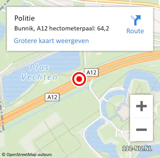 Locatie op kaart van de 112 melding: Politie Bunnik, A12 hectometerpaal: 64,2 op 9 december 2022 19:51