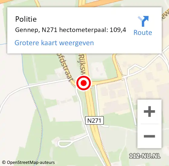 Locatie op kaart van de 112 melding: Politie Gennep, N271 hectometerpaal: 109,4 op 9 december 2022 22:30