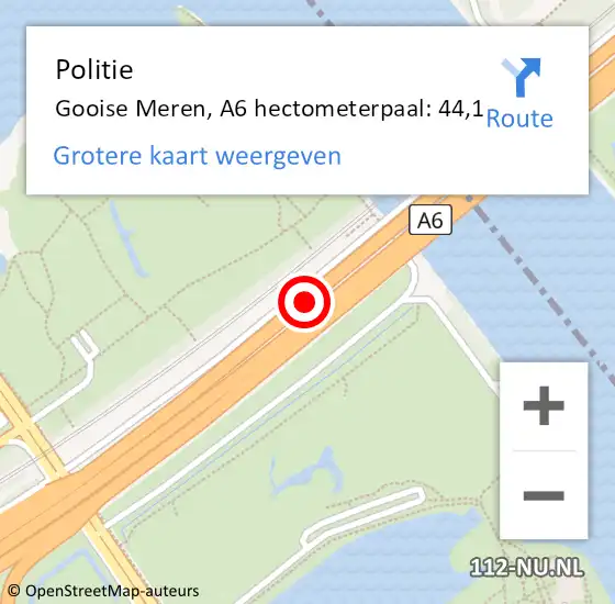 Locatie op kaart van de 112 melding: Politie Gooise Meren, A6 hectometerpaal: 44,1 op 9 december 2022 22:32