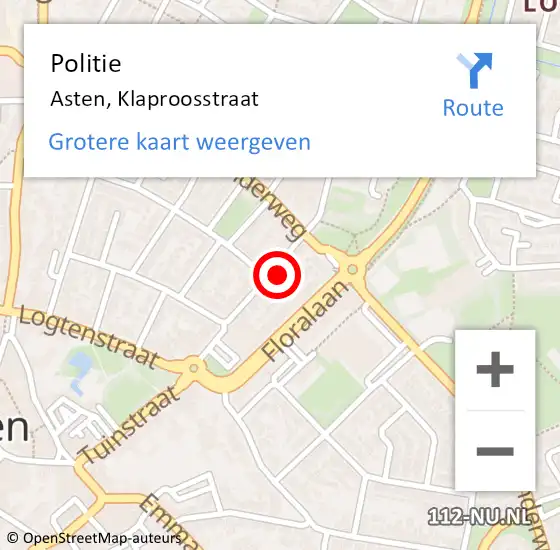 Locatie op kaart van de 112 melding: Politie Asten, Klaproosstraat op 10 december 2022 00:40