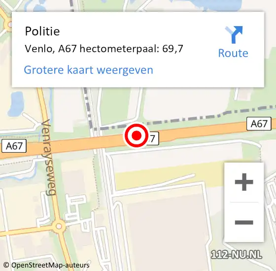 Locatie op kaart van de 112 melding: Politie Venlo, A67 hectometerpaal: 69,7 op 10 december 2022 00:55