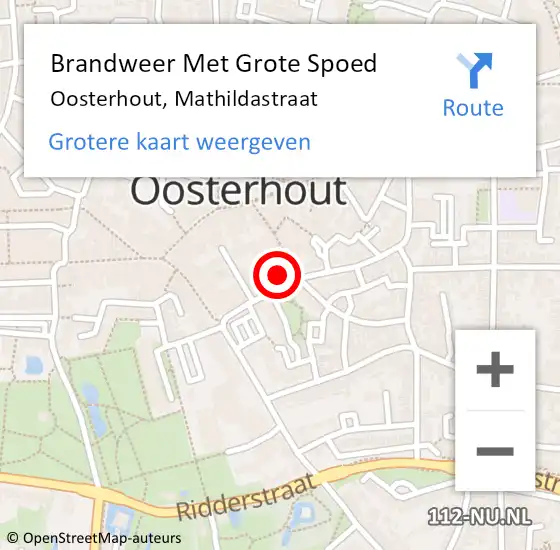 Locatie op kaart van de 112 melding: Brandweer Met Grote Spoed Naar Oosterhout, Mathildastraat op 10 december 2022 03:21